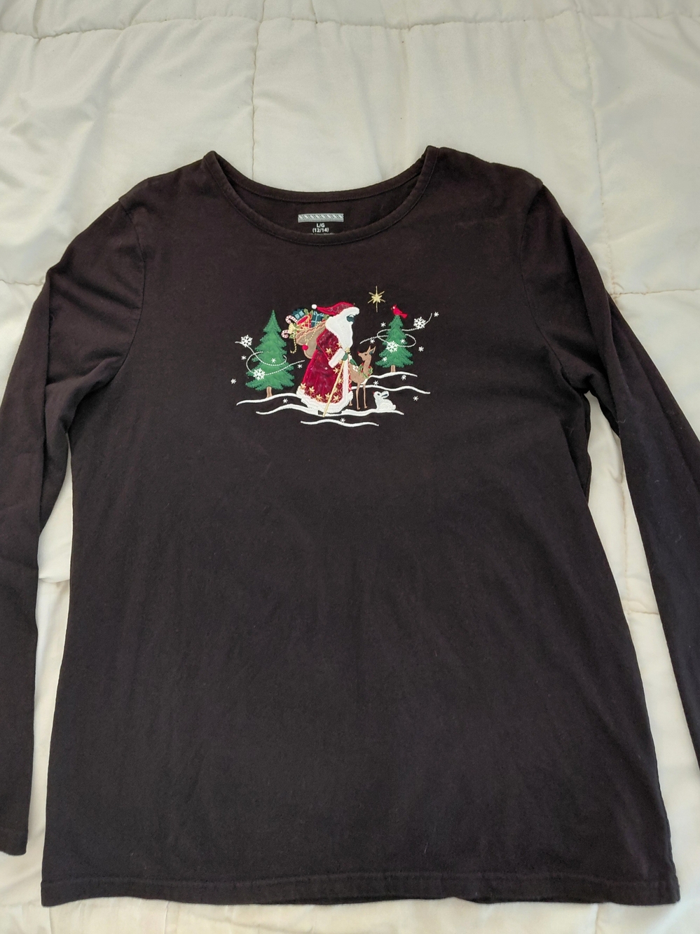 St. John's Bay Women's Black Embroidered Christmas Long Sleeve Santa T-Shirt